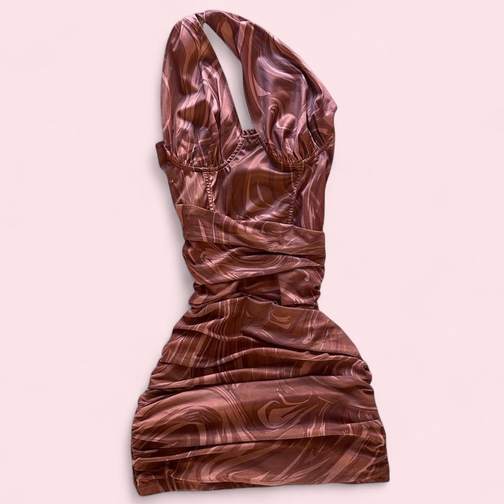 Welooc Brown Marble Swirl Ruched Halter Mini Dress 1 Shoulder Corset Bust NWT